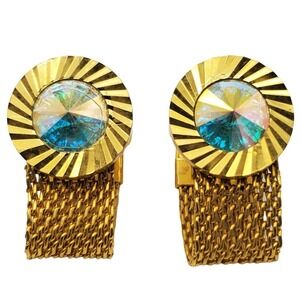 Gold Tone Mesh Wrap Cufflinks Rivoli AB Glass Stone Cuff Links Suit Accessories